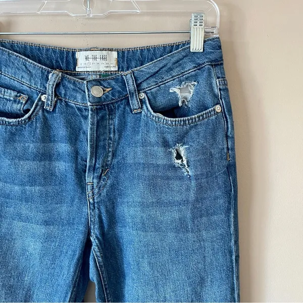FREE PEOPLE Blue Relaxed Heritage Flare Distressed Button Fly Denim Jeans Sz 26 - Image 2