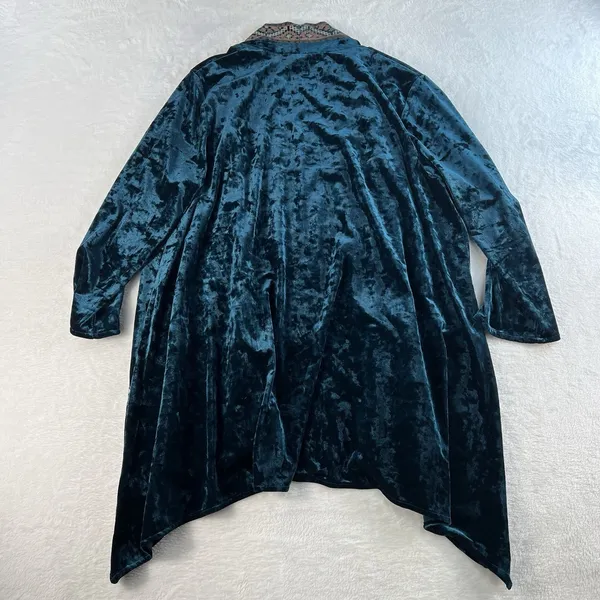 Boho Large L Crushed Velvet Kimono Embroidered Teal Open Front ANDREE By Unit - Image 12