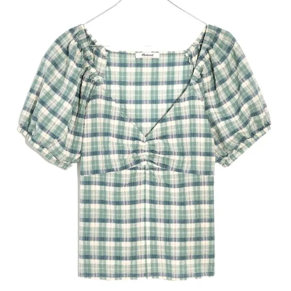 Madewell Plaid Puff Sleeve Ruched Bodice Green White Milkmaid Top Xs - Image 4