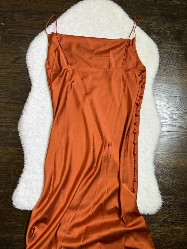 Shein Burnt Orange Satin Cowl Neck Maxi Dress Side Slit Covered Buttons Large - Image 5