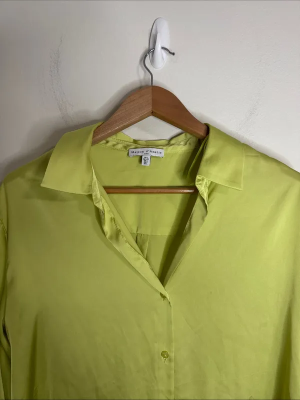 Maison d’Amélie Paris Lime Green Satin Button Down Blouse size L - Image 3