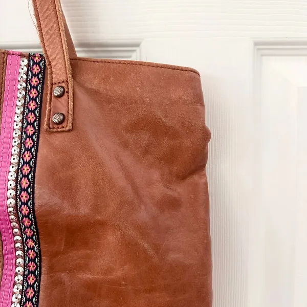The Sak Tan Leather Patchwork Fabric Embellished Boho Top Zip Shoulder Tote Bag - Image 6