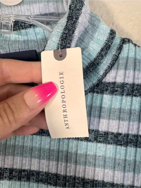 Maeve Anthropologie Blue Striped Puff Shoulder Turtleneck Sweater Womens M Top - Image 8