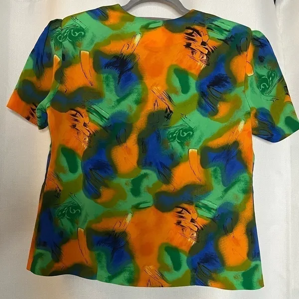 Vintage Orange Blue Green Button Blouse XL - Image 3