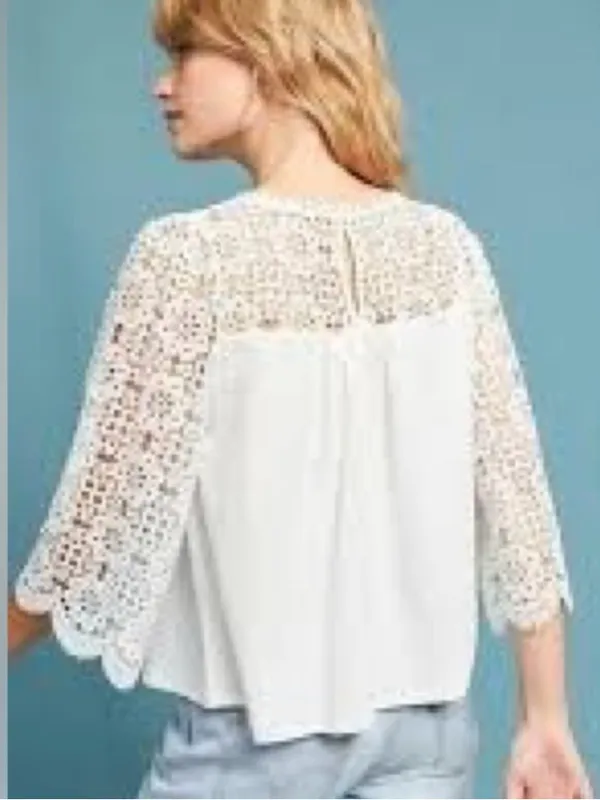 Eri + Ali Women’s Sz Medium Marigold Lace Blouse White 3/4 Sleeve BE15723 Anthro - Image 2
