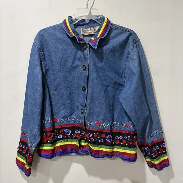 Tantrums Blue Denim Floral Embroidered Button‎ Up Jean Jacket Women's Medium VTG - Image 3