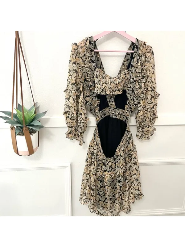 Anthropologie V-Neck Ruffle Cutout Mini Dress in Neutral Motif Size L - Image 3