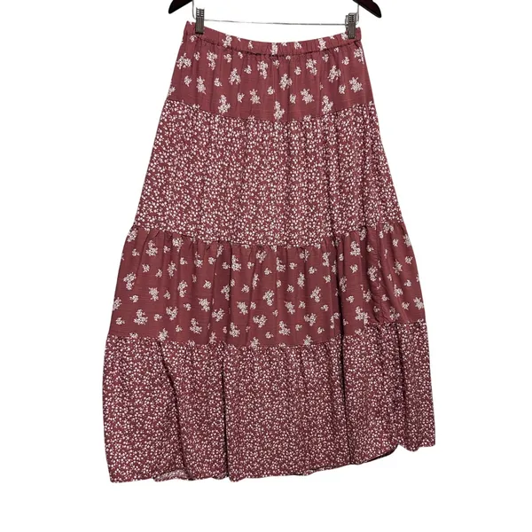 Prairie Floral Tiered Maxi Skirt M Mauve‎ Earthy Cottage Boho Western Festival - Image 3