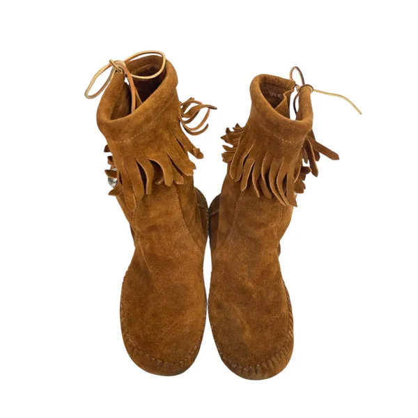 Taos Brown Fringed Suede Leather Tie Button Mid Calf Moccasin Boots Size 10.75 - Image 2