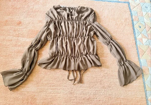 Zara Ruched Sheer Blouse Brown Ruffle Tie Front Long Sleeve Romantic Top NWT M - Image 7