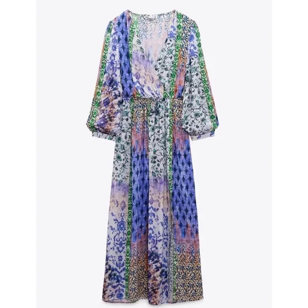 Zara Patchwork Print Maxi Dress‎ Multicolored V-Neck Boho Slit Size M - Image 5