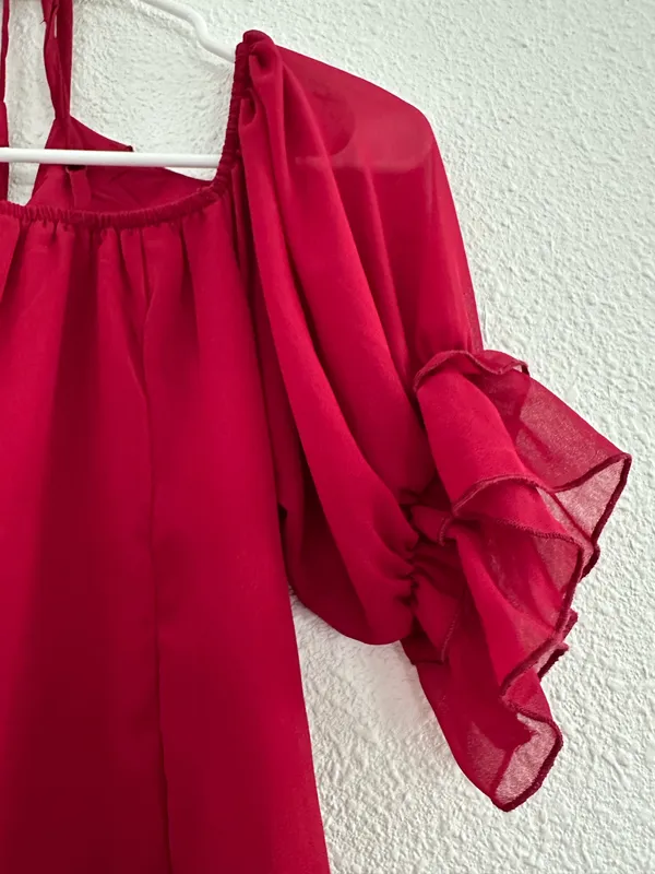 red ruffled ruched flowy salsa emoji asymmetrical dress - Image 7