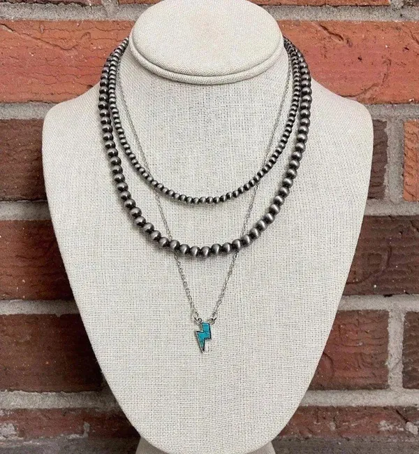 Turquoise Lightning Bolt and Navajo Style Pearl Necklace - Image 2
