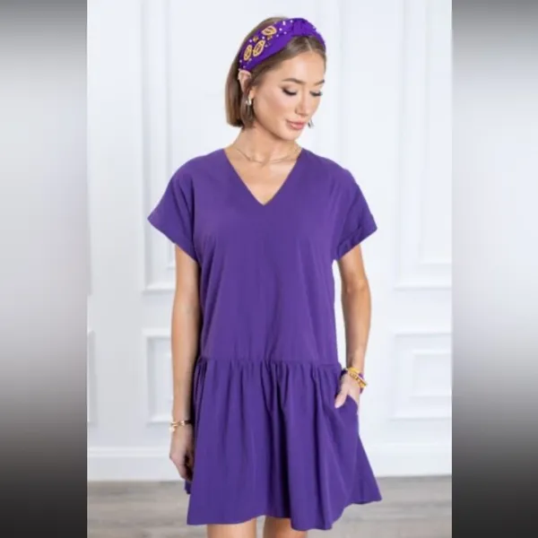 Pinch 100% Cotton Purple V-Neck Mini Dress With Pockets - Image 15