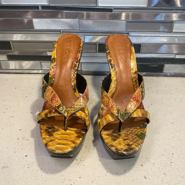 Aldo Women’s Yellow Snakeskin Sandal Platform Heels - Image 4