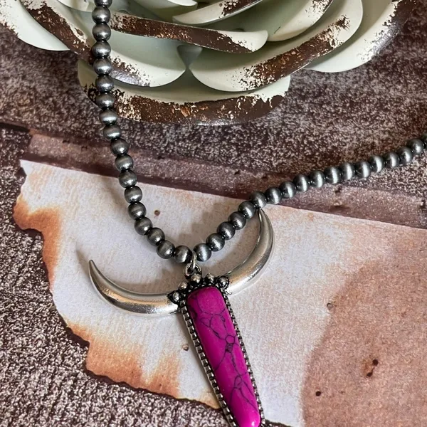 New Pink and Silver Longhorn Pendant on 18” Beaded Navajo Style Chain - Image 3
