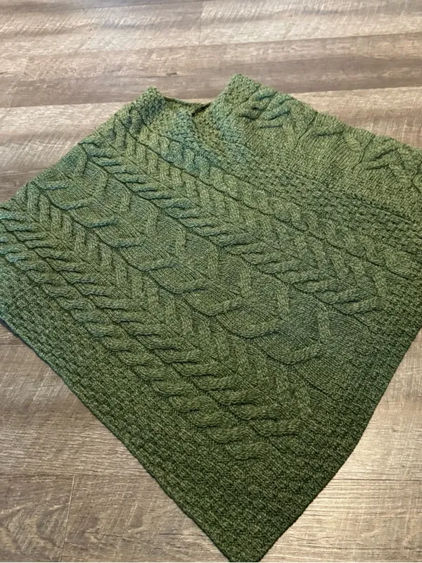 Aran Sweater Market Green Super Soft 100% Merino Wool Cable Knit Poncho - Image 7