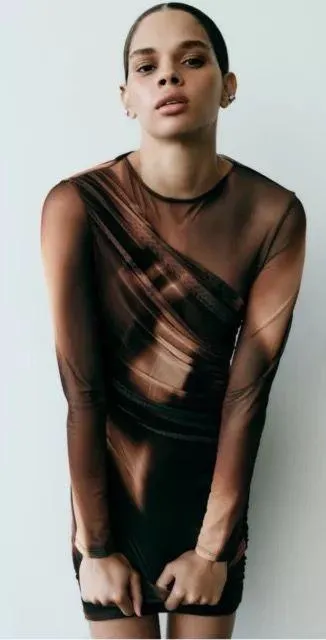dress mini long sleeve brown tulle ruched party evening cocktail - Image 4