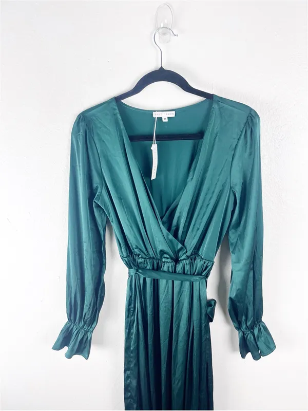 BALTIC BORN Katya Emerald Green Satin Faux Wrap V-Neck Maxi Dress Size Medium - Image 7