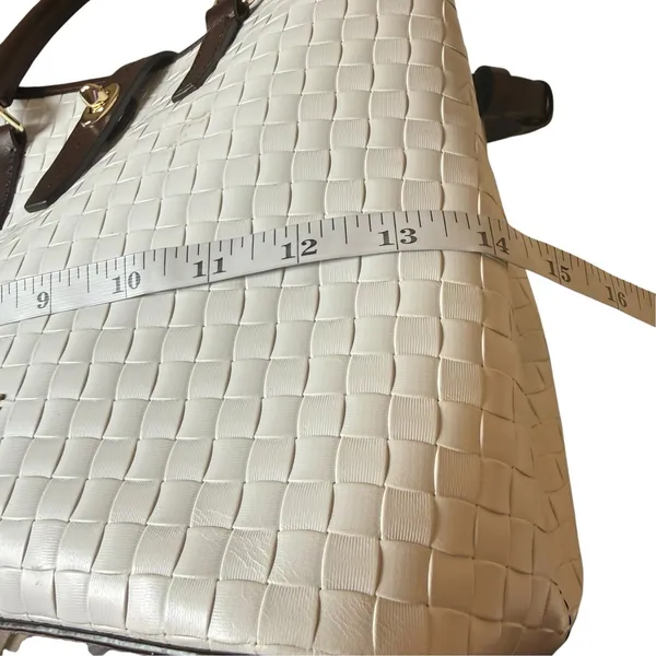 DOONEY & BOURKE Woven Leather Embossed Satchel Bag White Brown Trim Quiet Luxury - Image 11