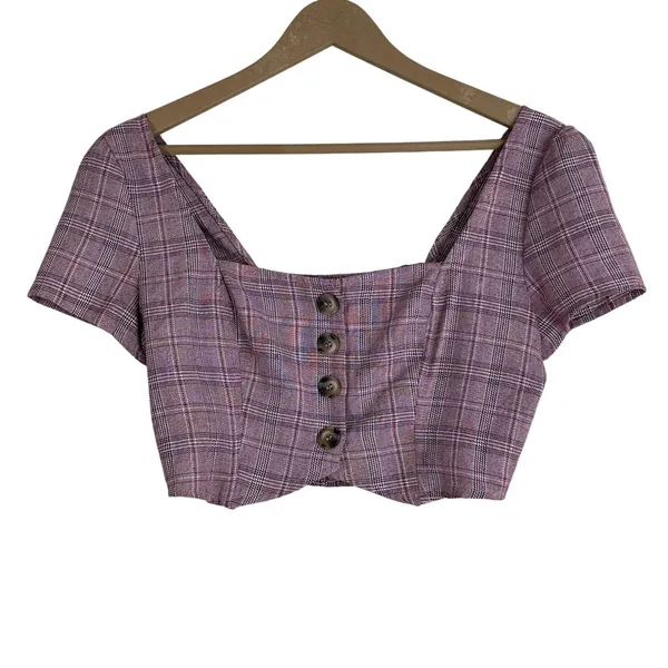 Cotton Candy LA Plaid Square Neck Crop Top Purple Dark Academia Smocked Size M - Image 2