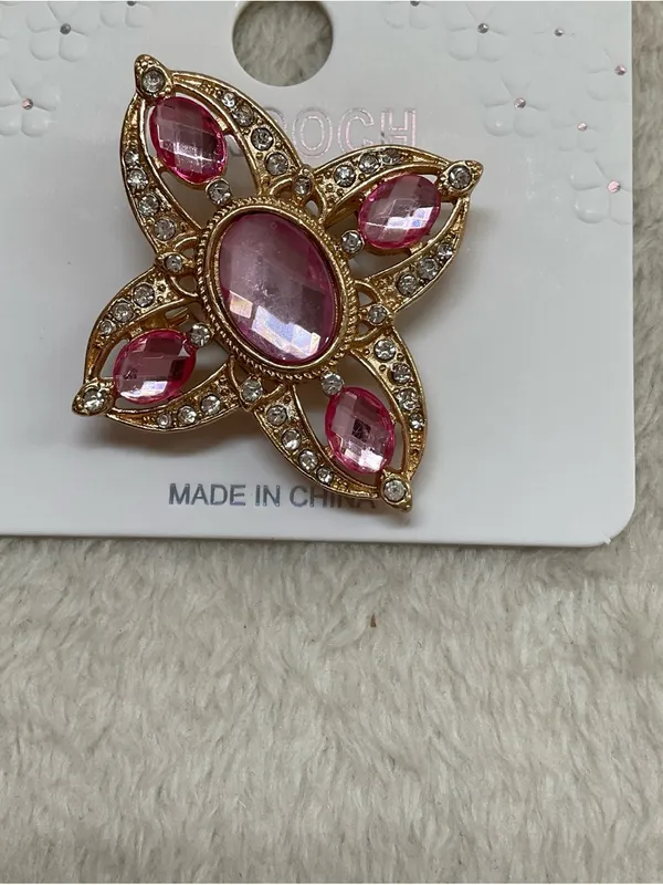 Gold-Tone Pink Crystal Floral Brooch - Unbranded - Image 2