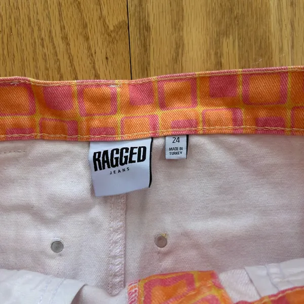 The Ragged Priest Doll Denim Mini Skirt Size 24 Pink‎ Orange Square Print Y2K - Image 4