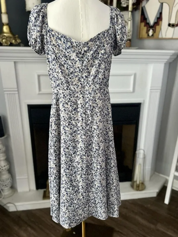 SHEIN Puff Sleeve Floral Blue & White Midi Dress For Women Size Large - Image 3