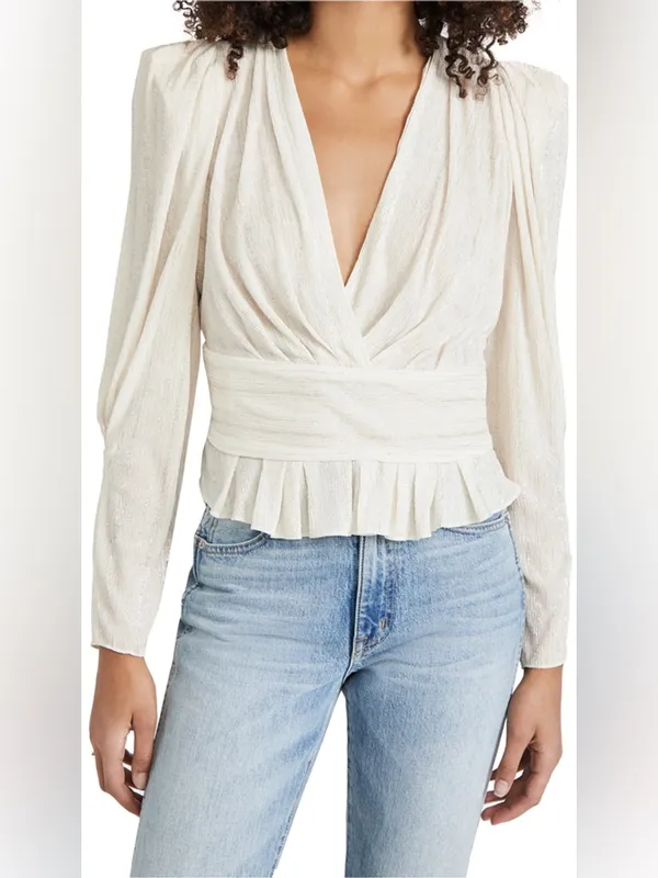 IRO Joono Puff Sleeve Top In Metallic White / Gold Womens Size 42 / US 10 - Image 2