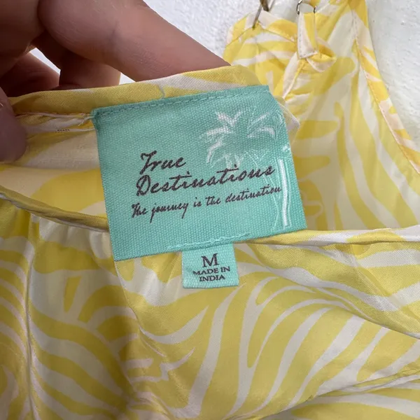 True Destinations Dress Womens M Yellow White Palm Print Tiered Maxi Low Back - Image 4