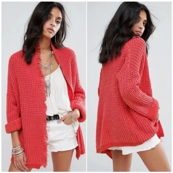 Free‎ People I'll Be Around Silk Cotton Waffle Fringe Sweater Oversized Small - Image 2