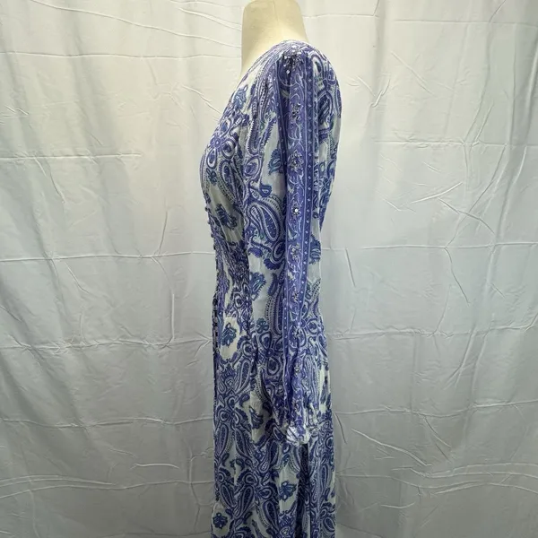 Z&L Boho Paisley Maxi Dress Small Smocked Waist Button Front Purple Green Resort - Image 8