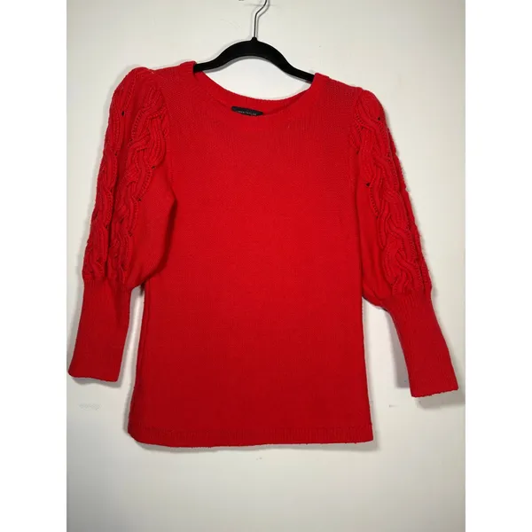 Ann Taylor Sweater Red Cable Knit Puff Sleeve Wool Blend Classic Cherry Size M - Image 4