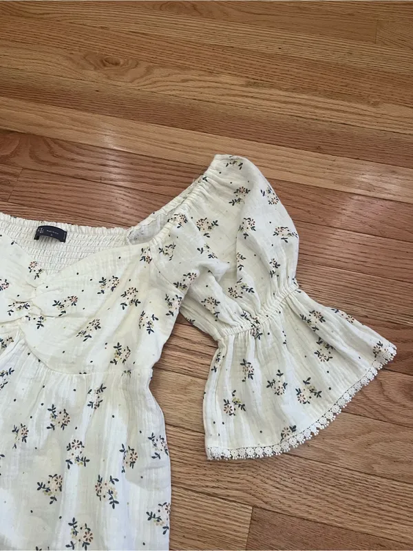 100% Cotton White Floral Gauze Babydoll Mini Dress Small Puff Sleeve Cottagecore - Image 3