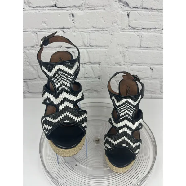 Lucky Brand‎ Black White Chevron Woven Platform Rope Wedge Sandals Sz 7 Peep Toe - Image 3