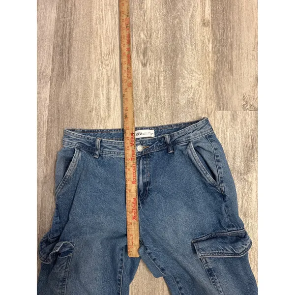 Zara Womens Blue Mid Rise Cargo Straight Leg Jeans with Side Slits Size 4 - Image 7