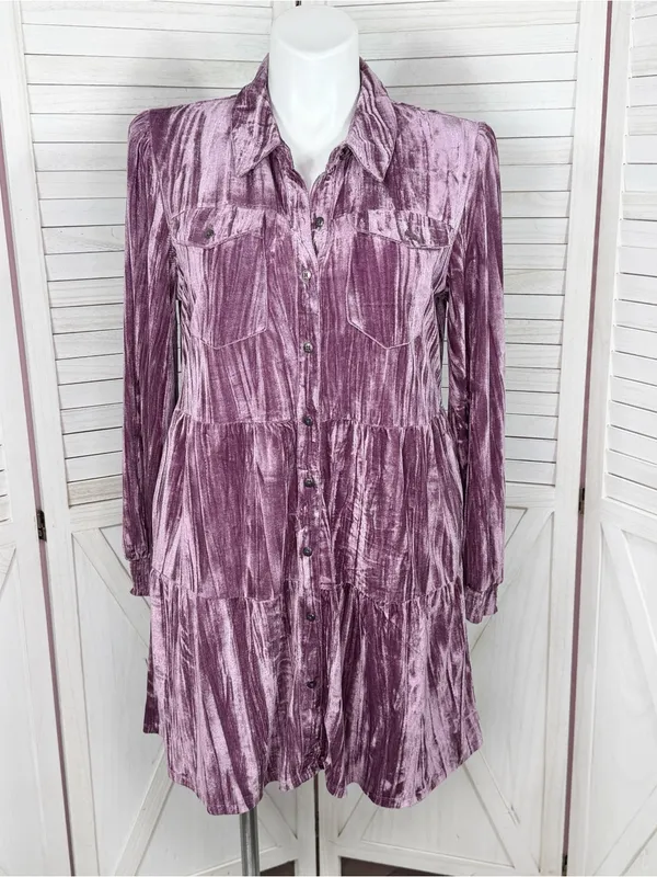 Cato Crushed Velvet Tiered‎ Babydoll Shirt Dress Mauve Purple XL Boho Cottage - Image 2