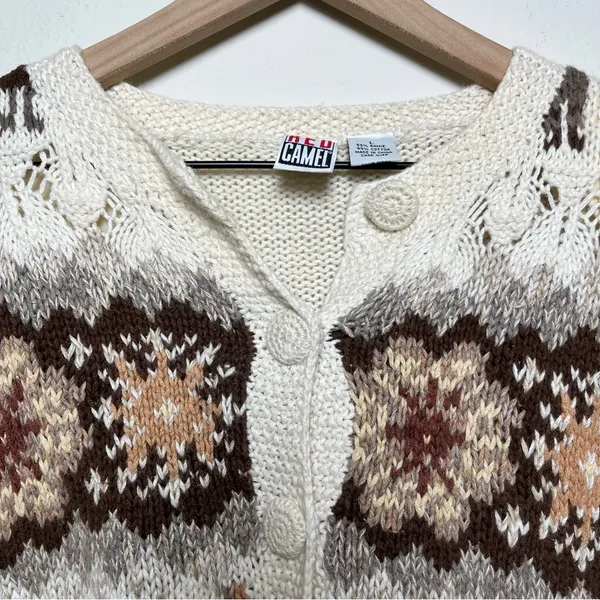 Red Camel VTG 80s Women Novelty Sweater Cardigan Large‎ Tan Camel Prairie Cottage Folk - Image 3