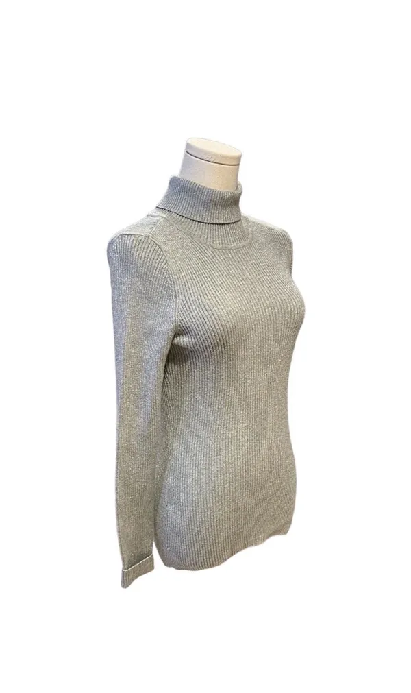 Basic Editions Women's Silver Metallic Ribbed Turtleneck Long Sleeve Sweater - Image 5
