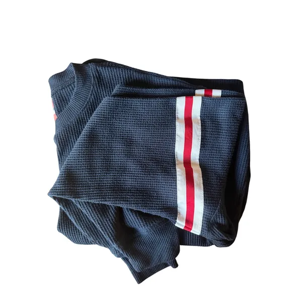 Hollister Navy Waffle Knit Long Sleeve Tee Red White Stripe Sleeves Boyfriend - Image 8