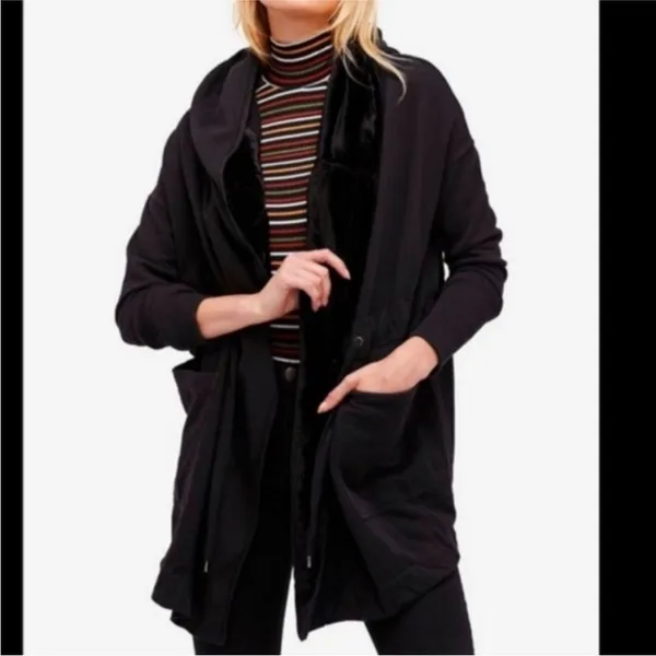 Free People Westwood Velvet Trim Hooded Oversized Cardigan Coat in Black - Image 3