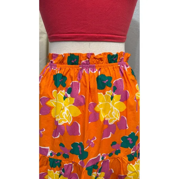Lulus 100% Cotton‎ Maxi Skirt M Orange Floral Tiered High Waist Boho Summer - Image 11