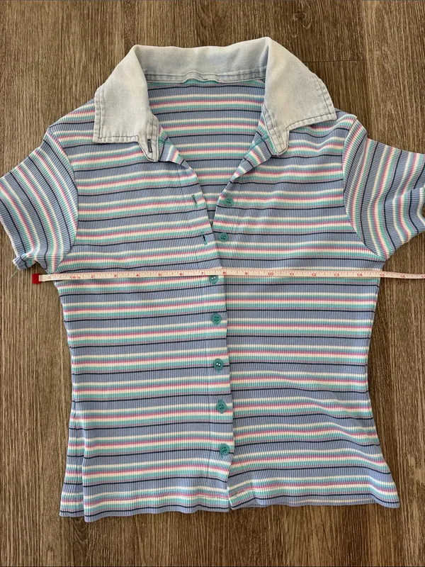 Vintage Y2K striped button front collared shirt sleeve top blue pink small - Image 9