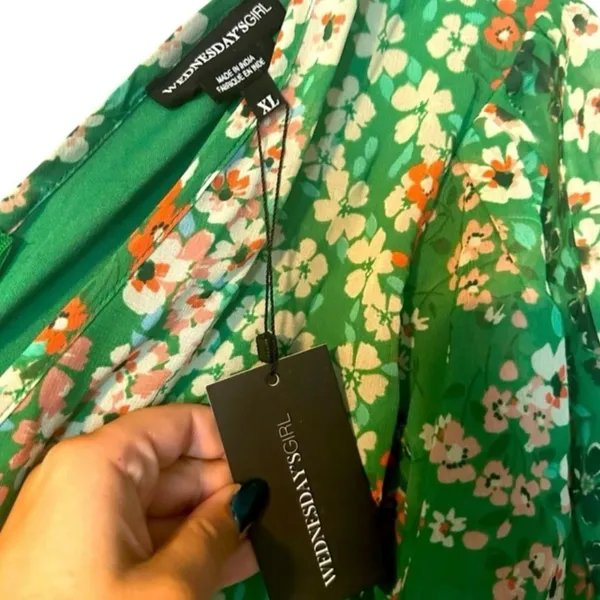 ASOS Wednesday's Girl puff sleeve mini smock dress in green patchwork - Image 5