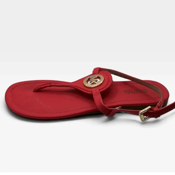 Michael Kors Plate Thong Sandals Red Saffiano Gold Logo Medallion 7.5M RN17A - Image 3