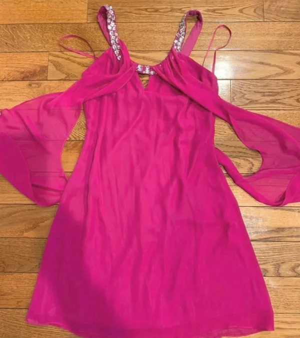 hailey logan Adrianna Papell hot pink( Fuchsia)rhinestone Chiffon short dress 7 - Image 8