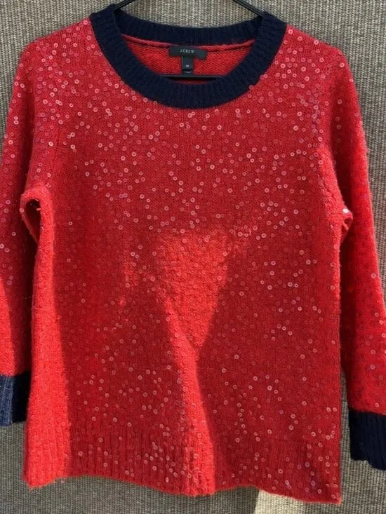 J.Crew Red Sequin Long Sleeves Pullover Wool Mohair Knit Sweater Top Size M - Image 11