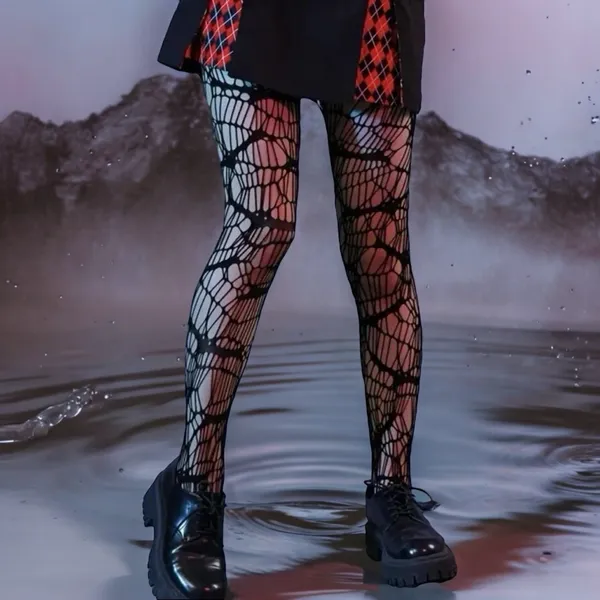 Black‎ Bat Patterned Fishnet Tights, High Waist Footed Pantyhose One Size - Image 7