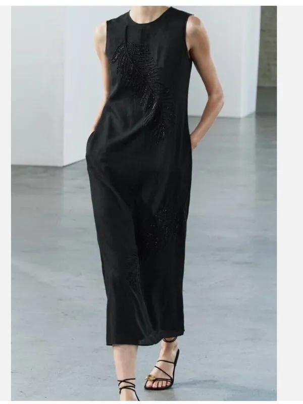 Zara Embellished Beaded Black Feather Midi Maxi Dress- ZW Collection NEW‎ - Image 6