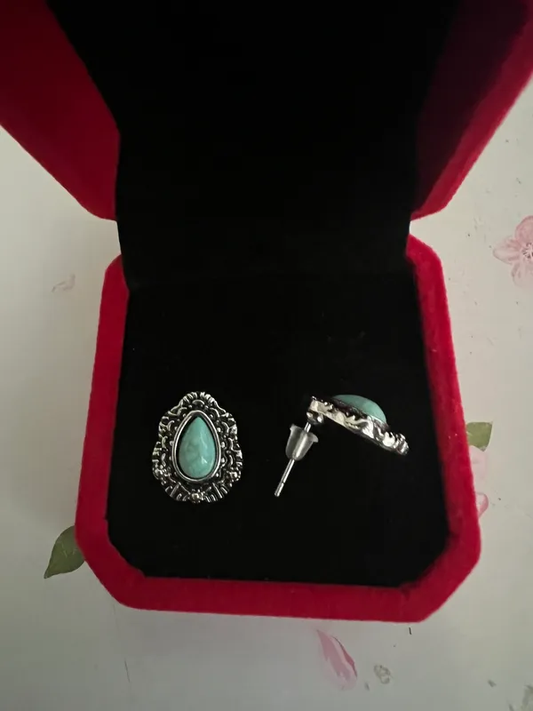 Women’s Stainless Steel Silver Faux Turquoise Stud Earrings - Image 3